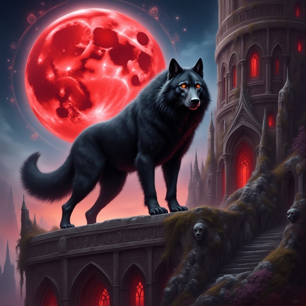 <lora:CRIMSON CROWN:1.0> <lora:Eclectic:1.0> <lora:Archetypal Images:1.0> A large black werewolf on a Gothic castle unde...