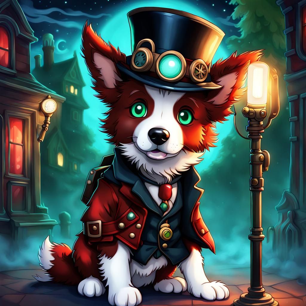 Steampunk Chibi Border Collie Ghost Hunter