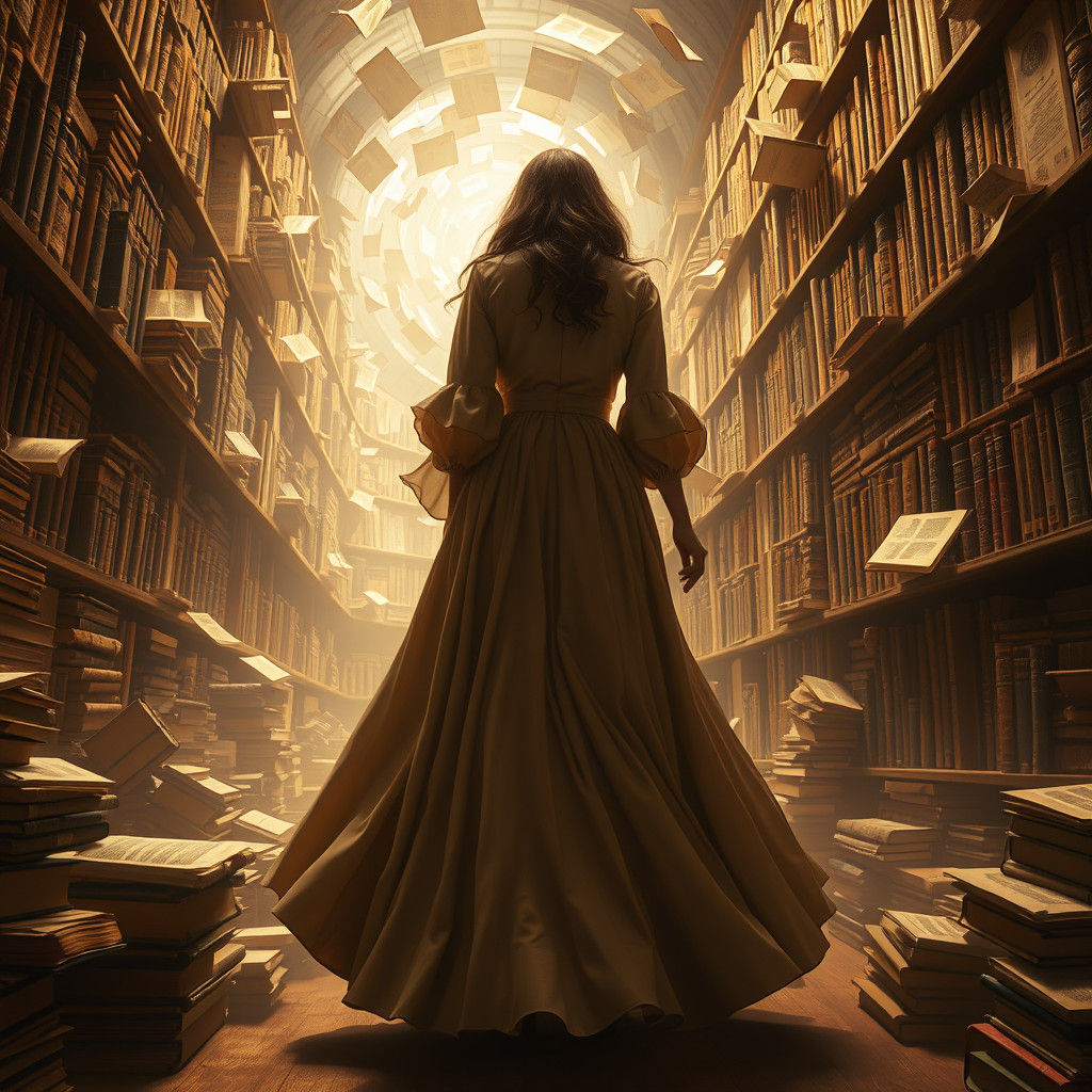 Woman Conjured by Books in Sepia Tone