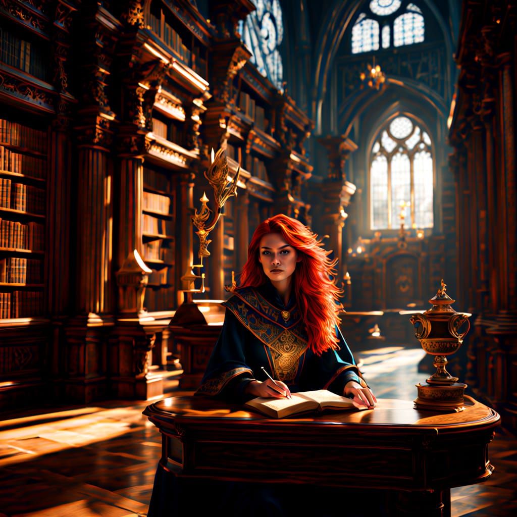 Teenage Mage Levitates Books in Ornate Library with Griffin