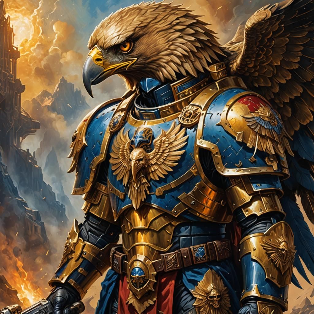 Golden Space Marine with Eagle in Fantasy Illustration Style