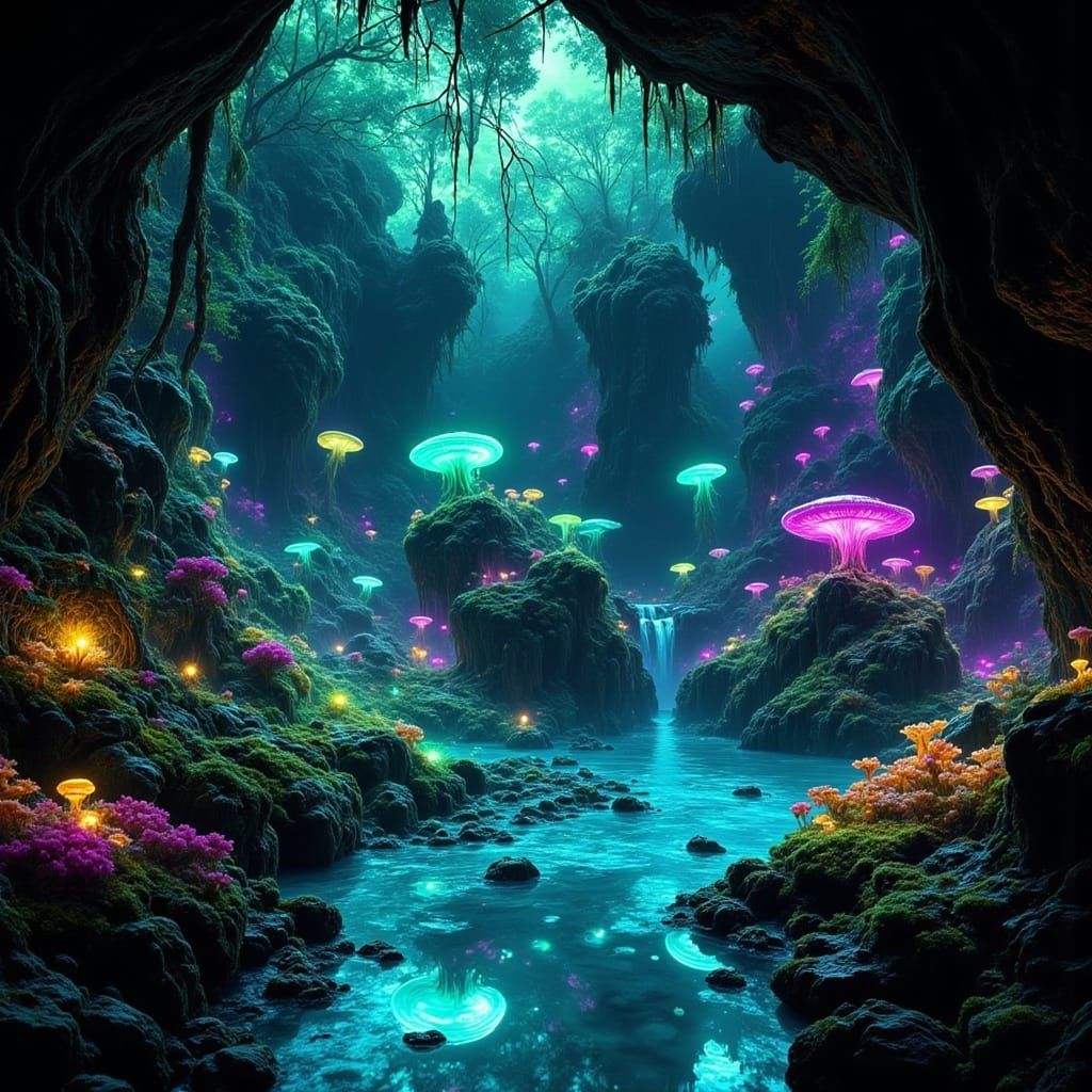 Bioluminescent Grotto in Futuristic Forest, Hyperrealistic S...