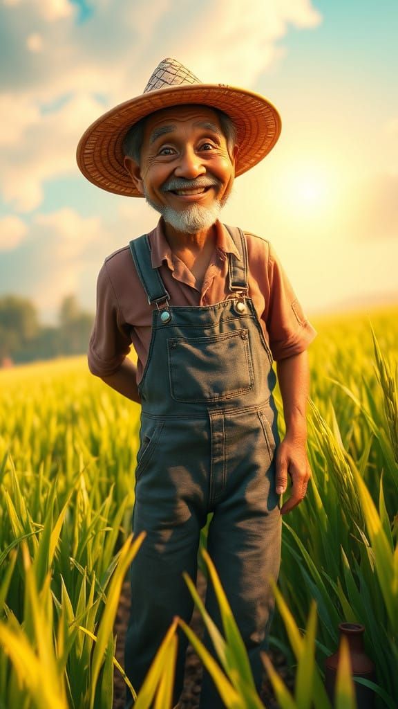 Jovial Farmer in Vibrant Rice Field