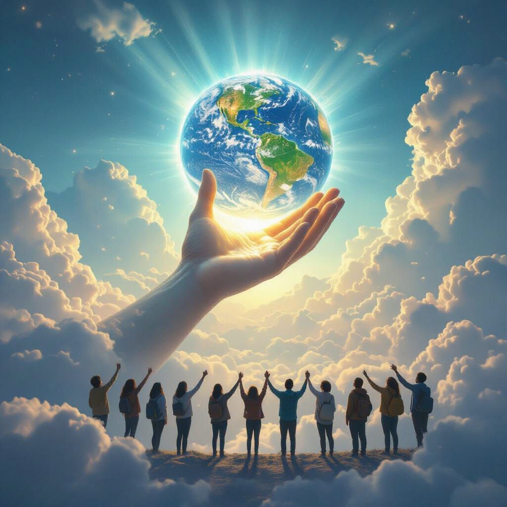 Divine Hand Cradles Earth Amidst Unified Humanity