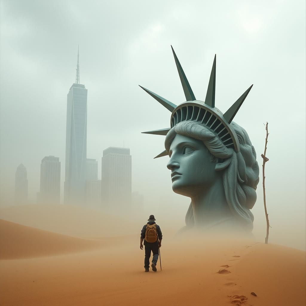 Post-Apocalyptic Statue of Liberty in Watercolor Style