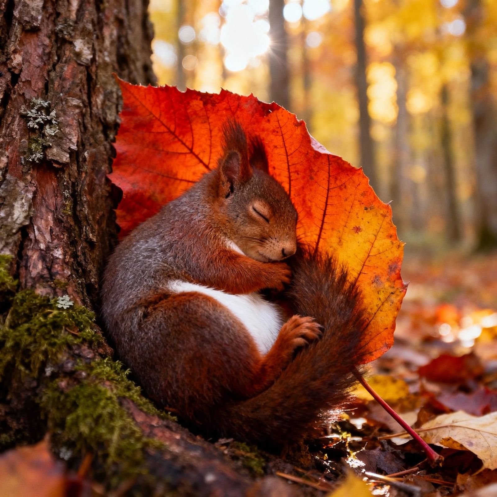 Autumn Forest Squirrel Sleeps Under Orange Leaf Blanket
