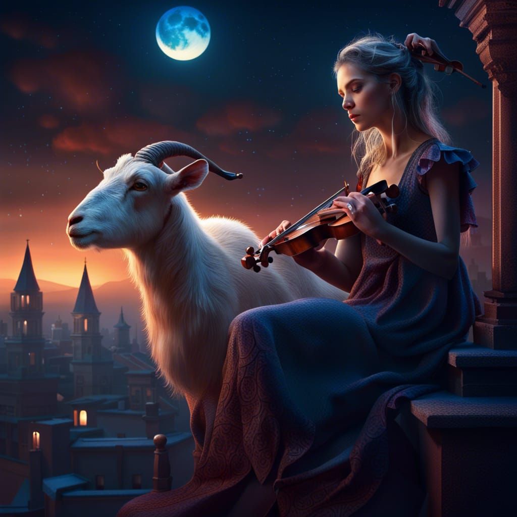 Dreamy Rooftop Serenade: Lady, Goat, and Violin