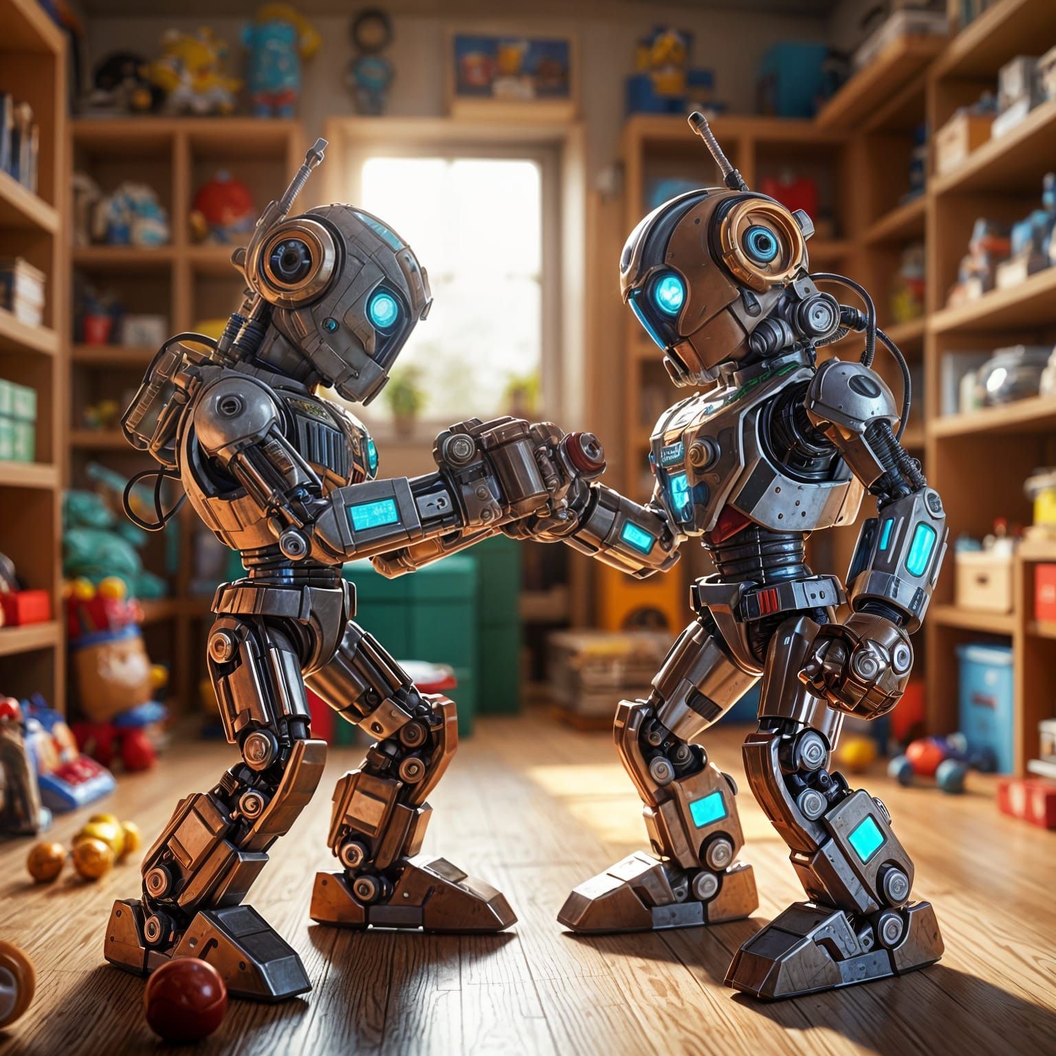 Toy Robot Boxers Fight in Colorful Children's Room