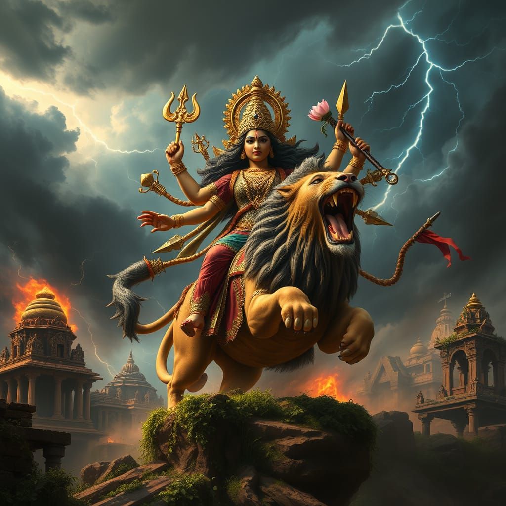 Hindu Goddess Durga Charges into Battle with Lion