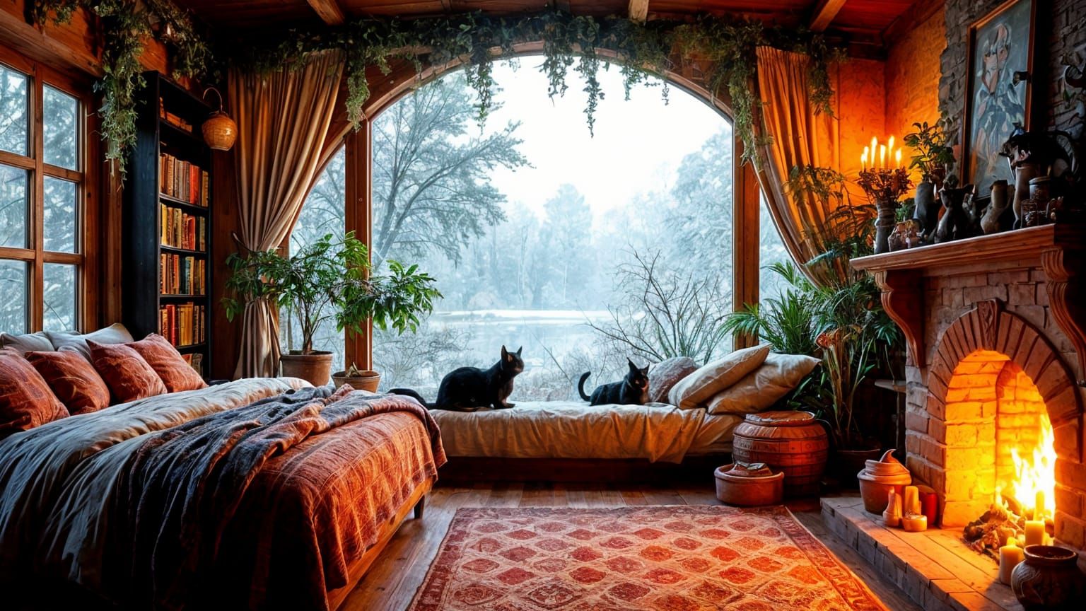 Stunning Boho Chic Haven with Fireplace and Snowy Landscape