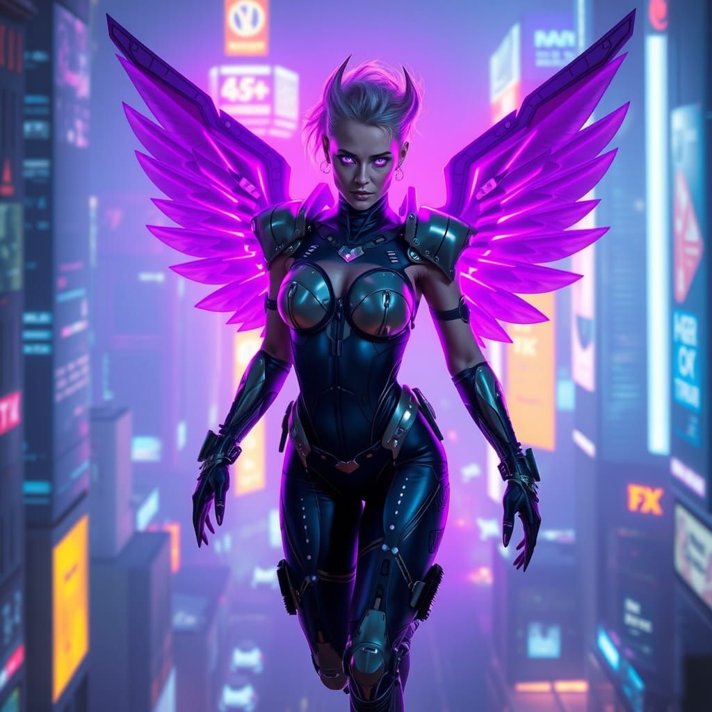Cyberpunk Valkyrie Soars Through Futuristic Nordic City
