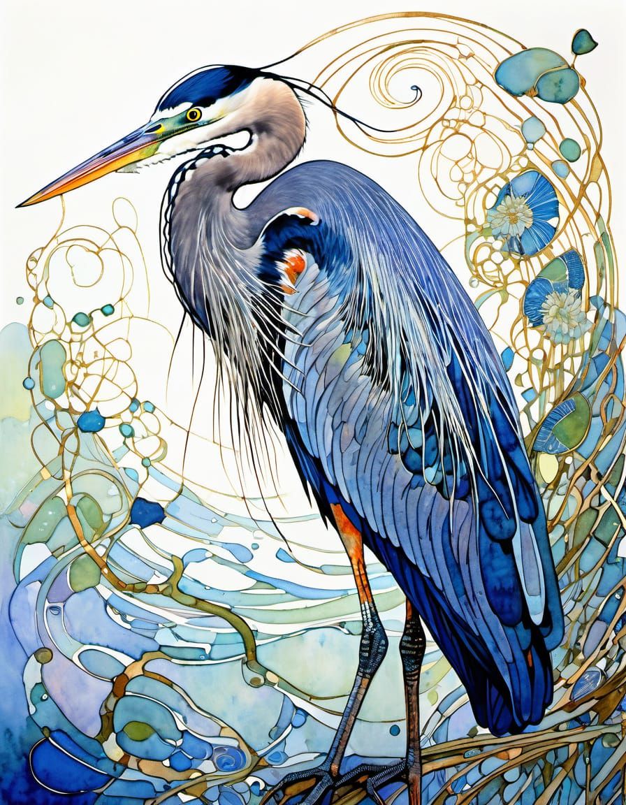 Great Blue Heron in Art Nouveau Style