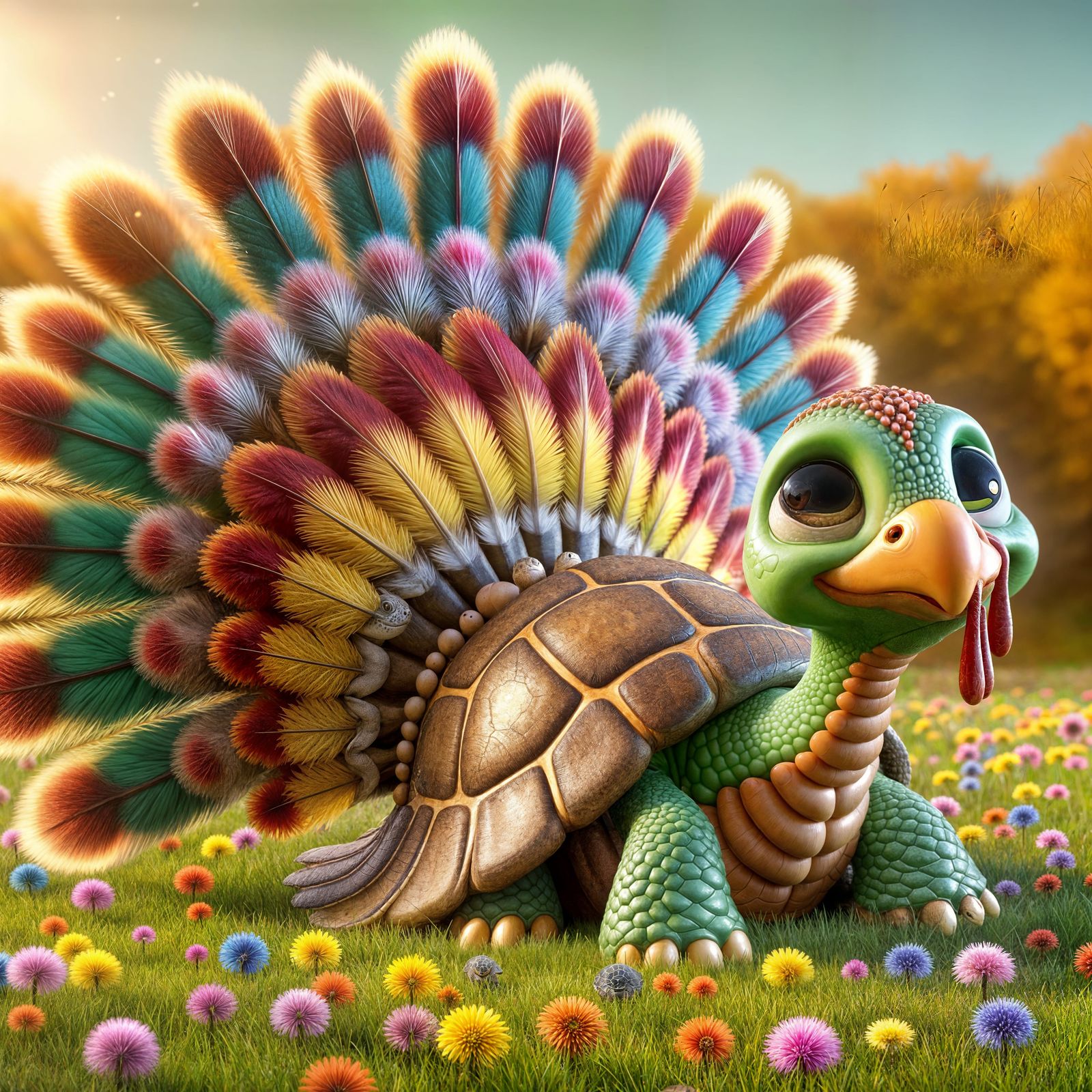 Charming CGI Cartoon of a Turkey-Plumed Turtle