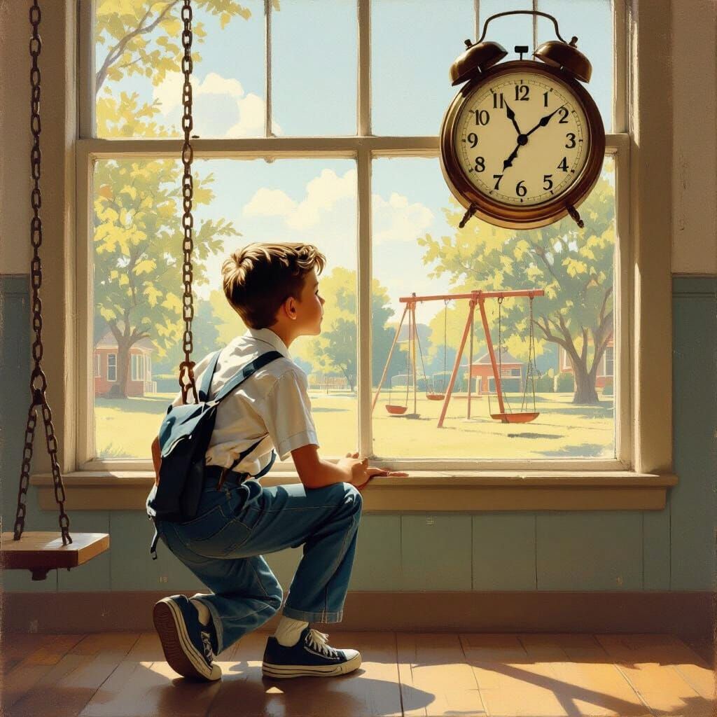 Boy Awaiting School's End in Rockwell Style