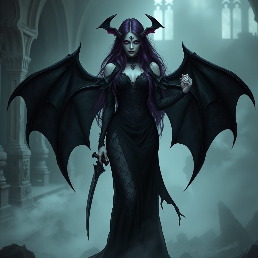 Gothic Winged Figure in Misty Landscape