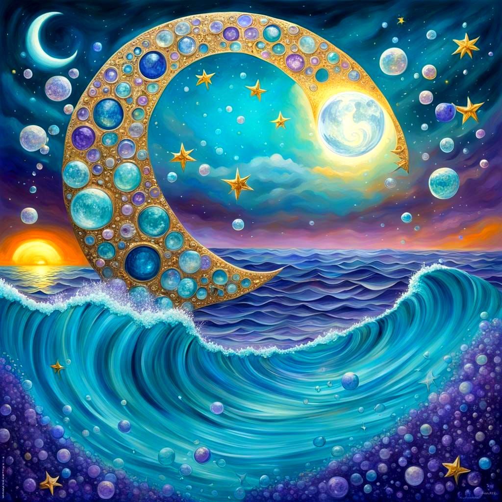 Surreal Seascape with Silver Moon and Golden Sun