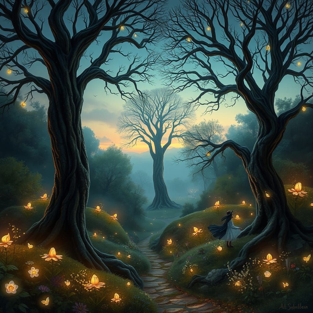 Enchanting Twilight Landscape with Bioluminescent Flora and ...