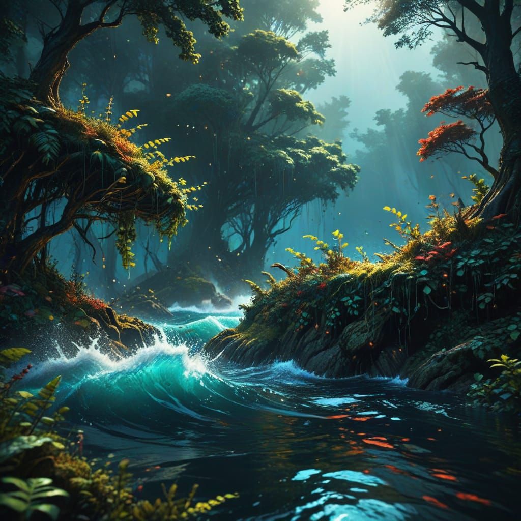 Drifting Forests Above Ocean in Hyperrealistic Splash Art St...