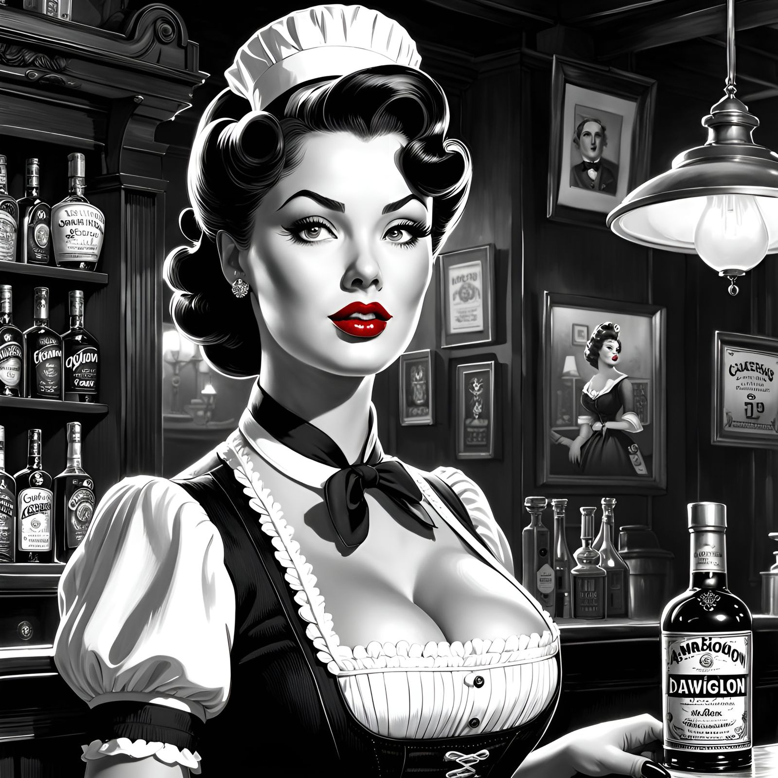 Vintage Saloon Barmaid Portrait with Red Lips