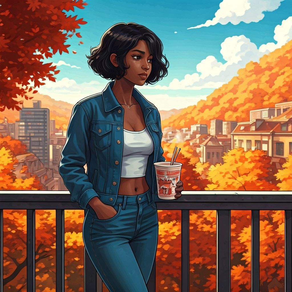 Vibrant Cityscape: Woman with Noodles in Studio Trigger Styl...