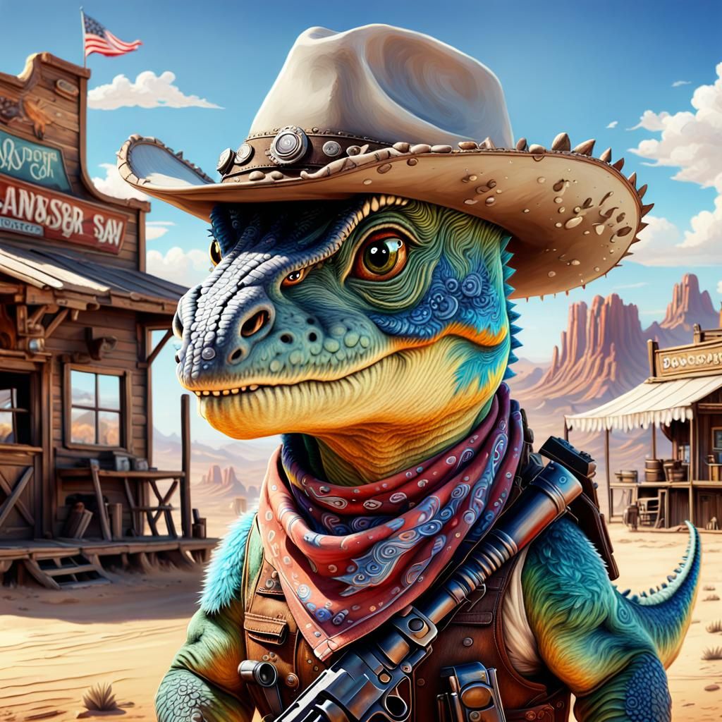 Adorable Cowboy Dinosaur in Desert Graffiti Art