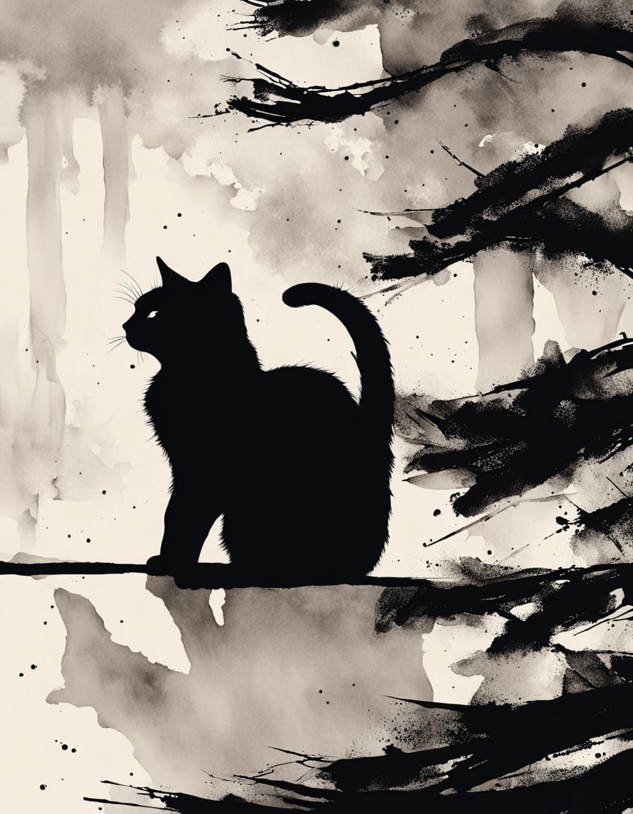 Tabby Cat Sleeps Under Christmas Tree in Ink Wash Style