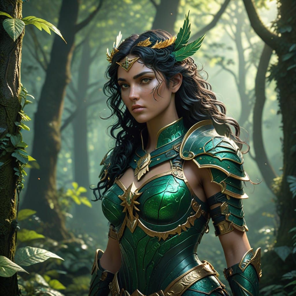 Greek Goddess of the Forest in Emerald Armor