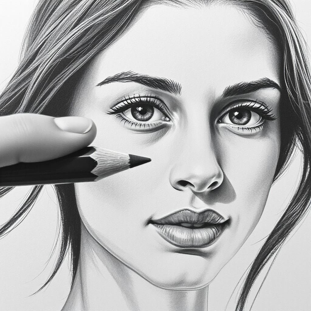 Finger Transforms Into Pencil Drawing Portrait