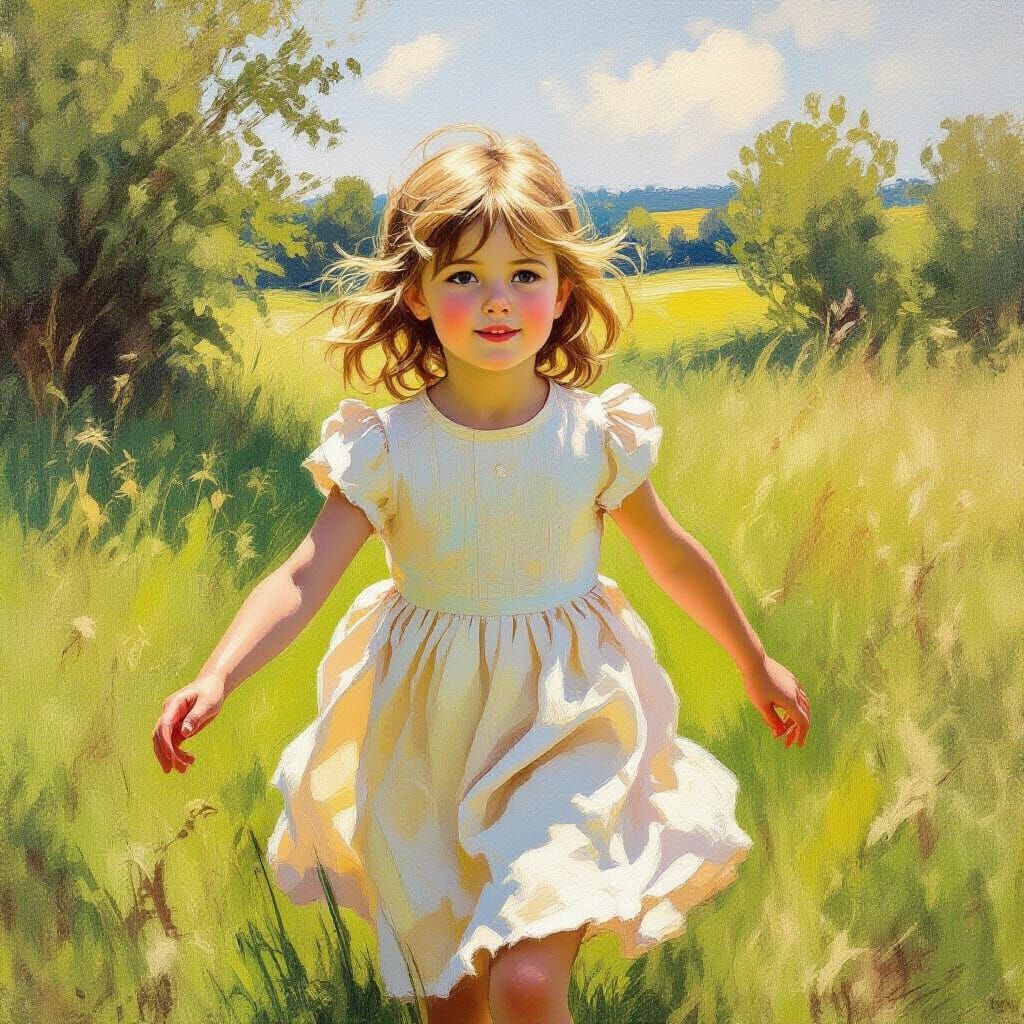 Girl Playing in Meadow, Impressionist Style