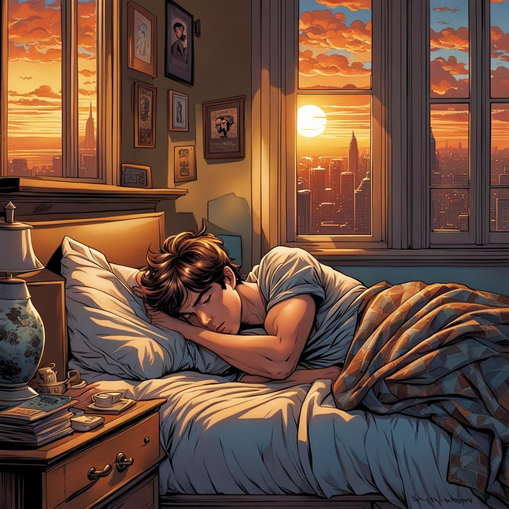 Teenage Boy Waking Up in Comic Book Art Style