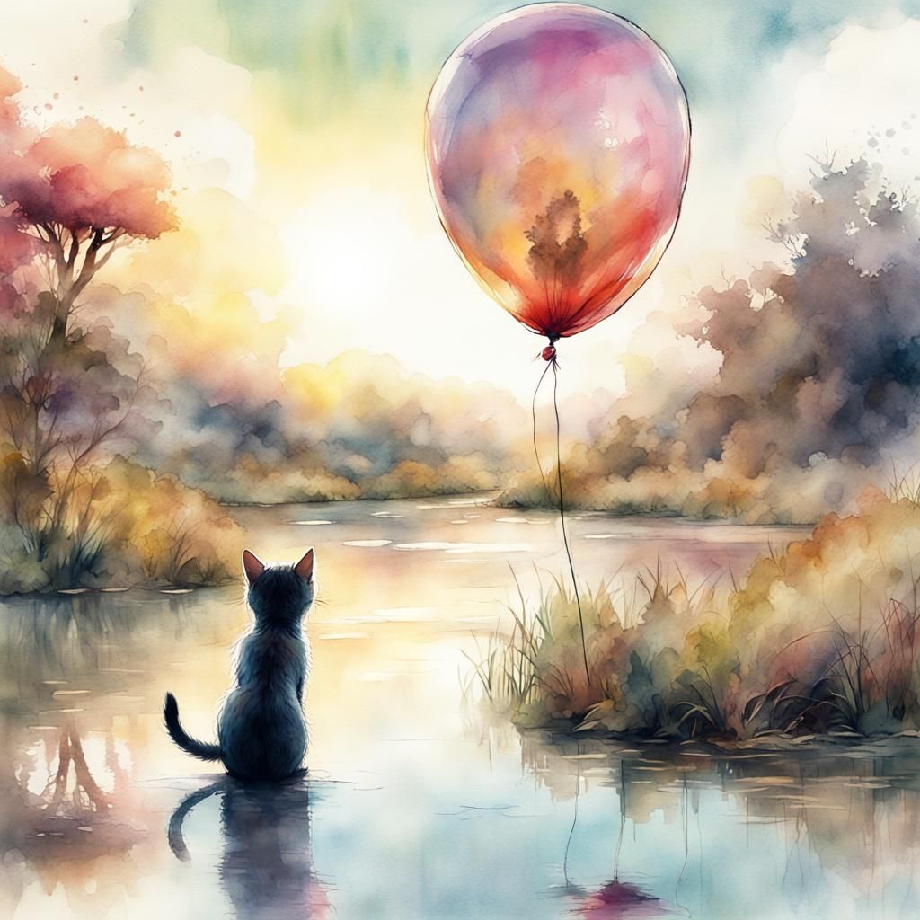 Cute Kitten with Balloon: Watercolor Valley Sunrise