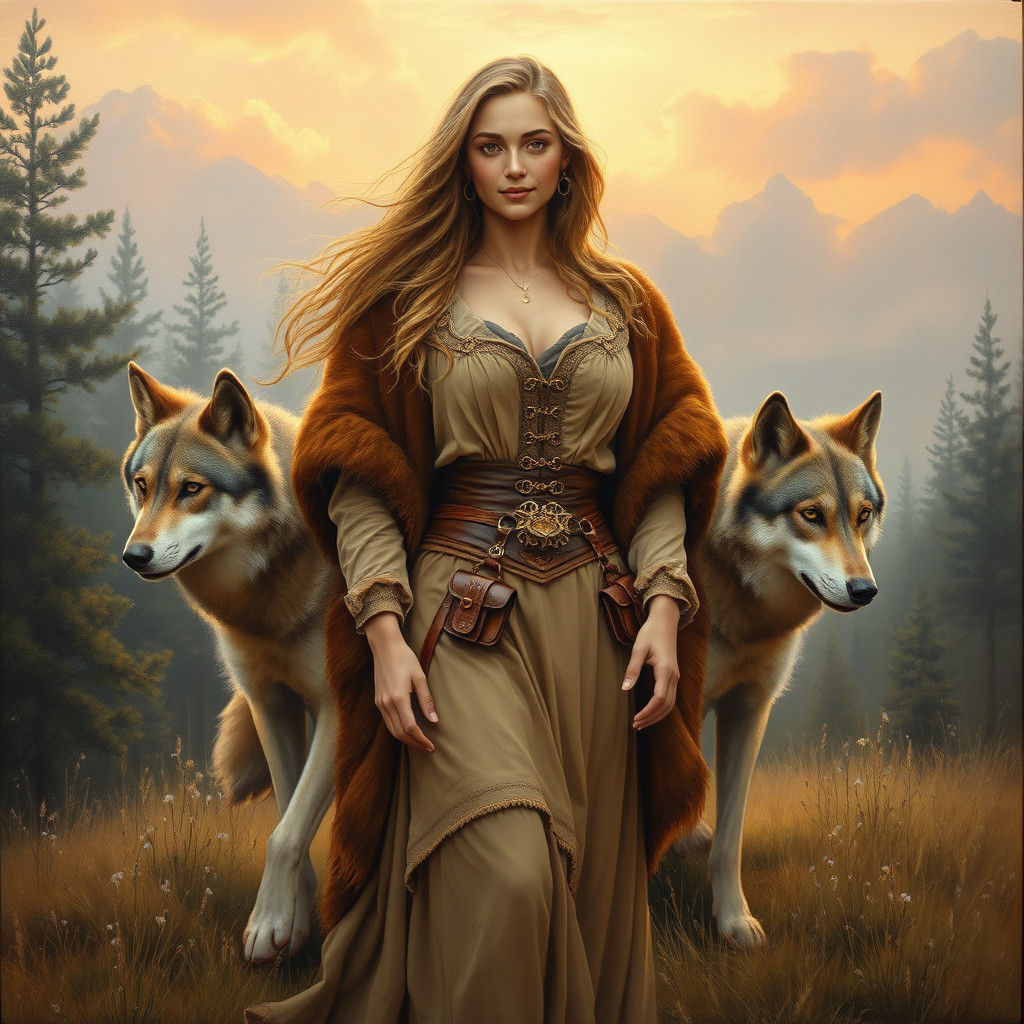 Woman and Wolves in Pine Forest Oil Painting