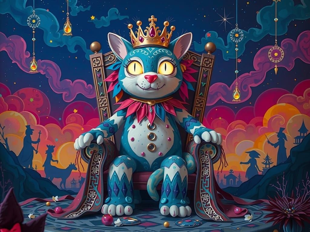 Chat roi mystique assis sur un trône royal, couronne dorée ornée de rubis, yeux dorés brillants, pelage bleu et blanc à ...