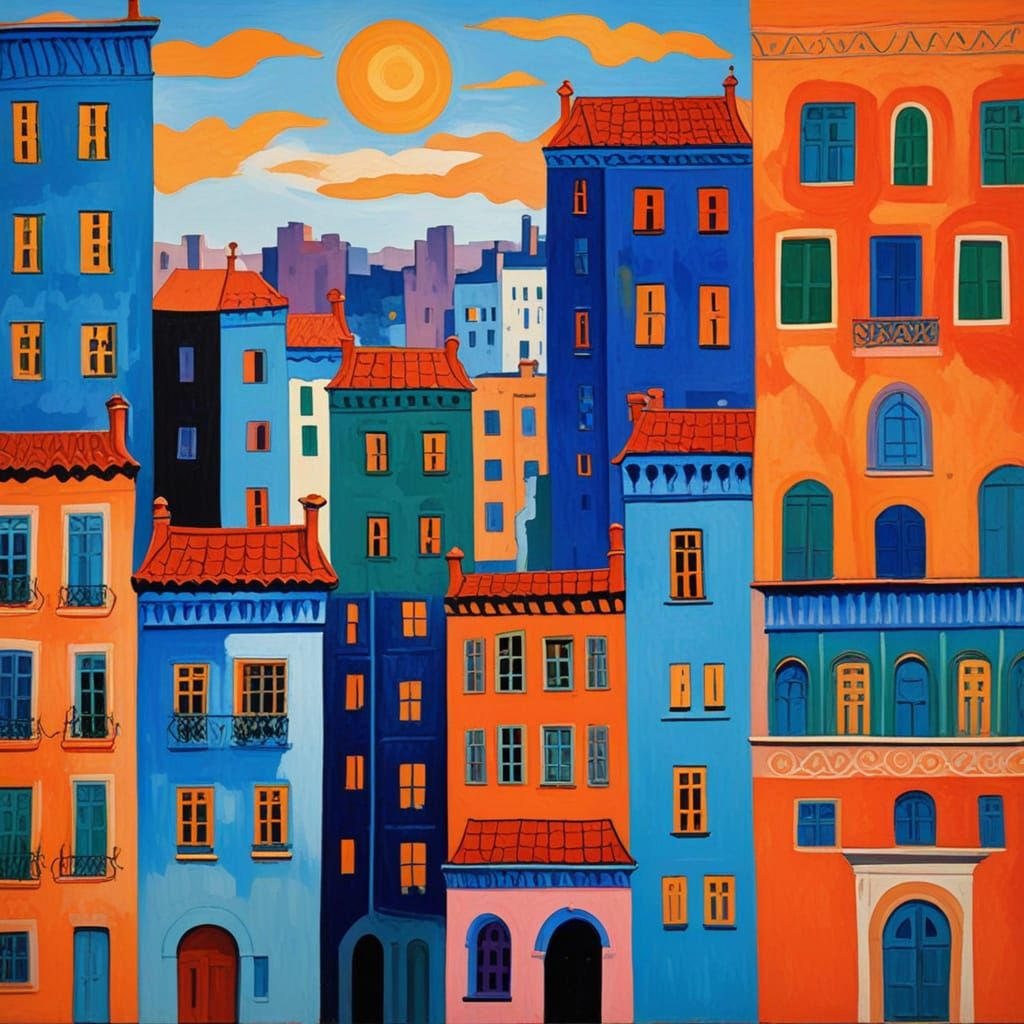 Fauvist Cityscape with Bold Colors and Swirling Brushstrokes