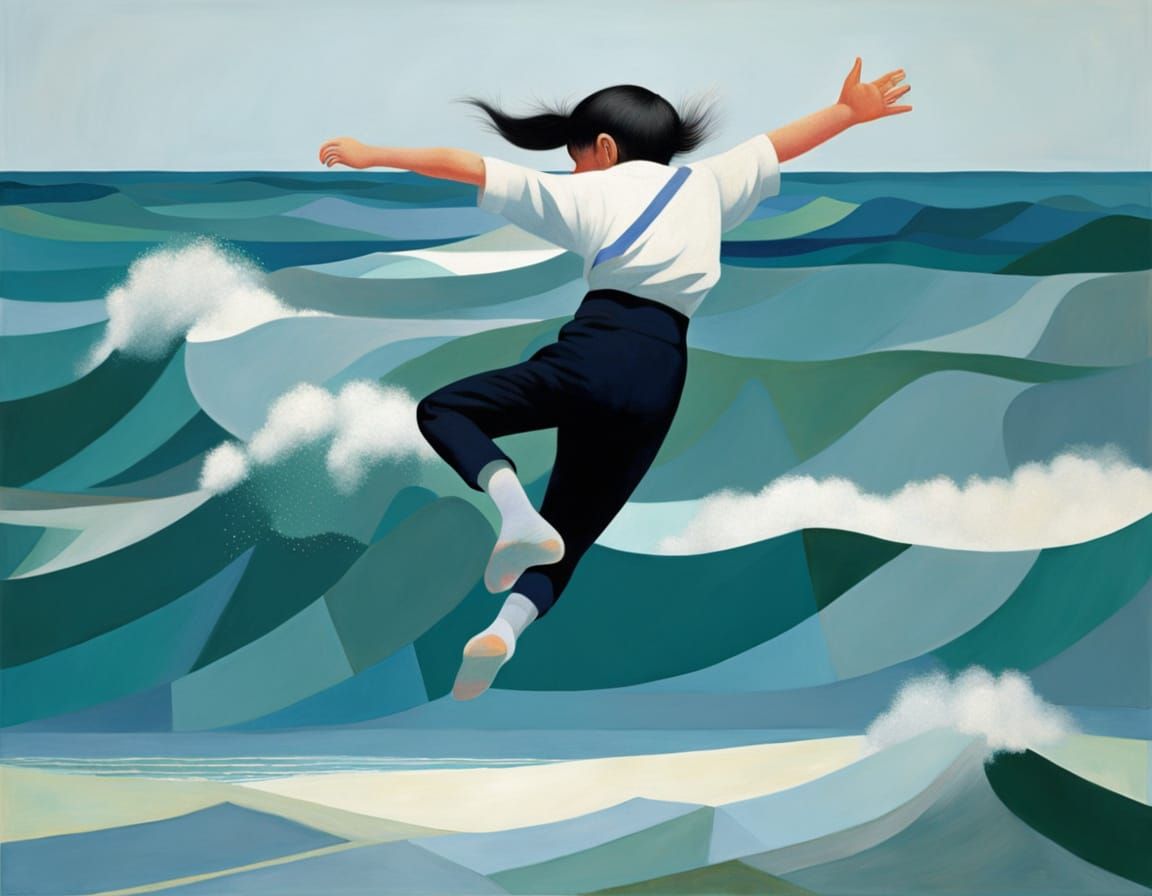 Surreal Running Figure Leaps Over Tiny Waves in Abstract Art