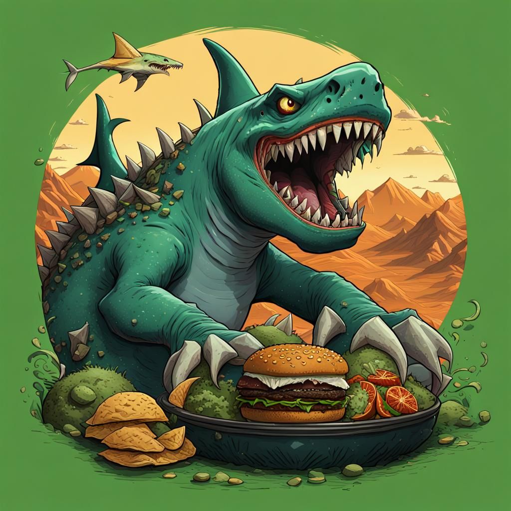 Shark Headed Dragon Eats Burger, Cartoon Style