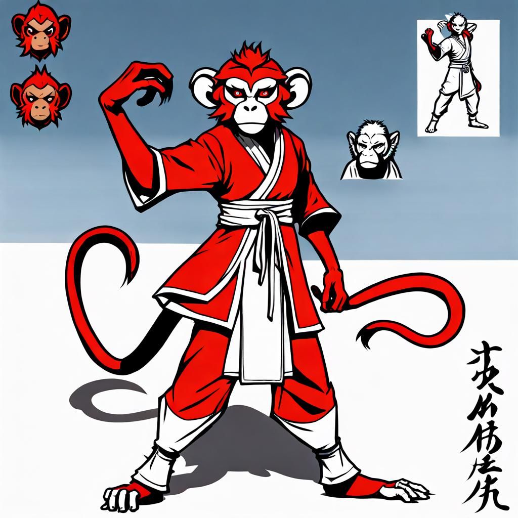 6 x 6 tai chi poses "model sheet" jrpg anime medieval anthropomorphic "red monkey" 8k high resolution, ink colored.  Mas...