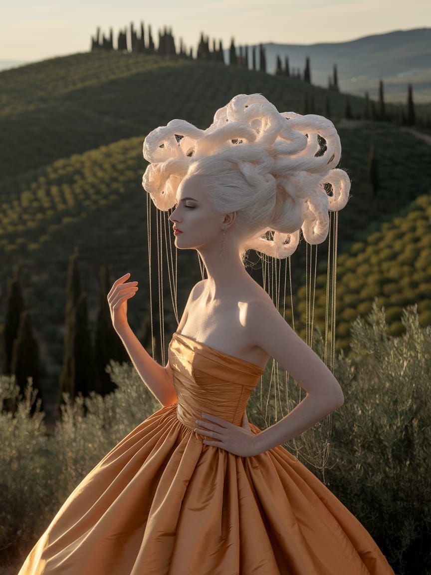 Ethereal Woman with Sculpted Hair in Tuscan Landscape