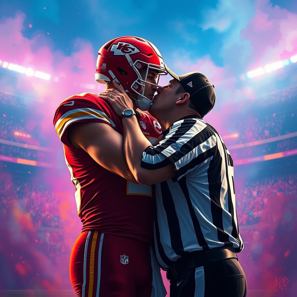 NFL Hero Kissing Referee in Vibrant Dreamlike Stadium