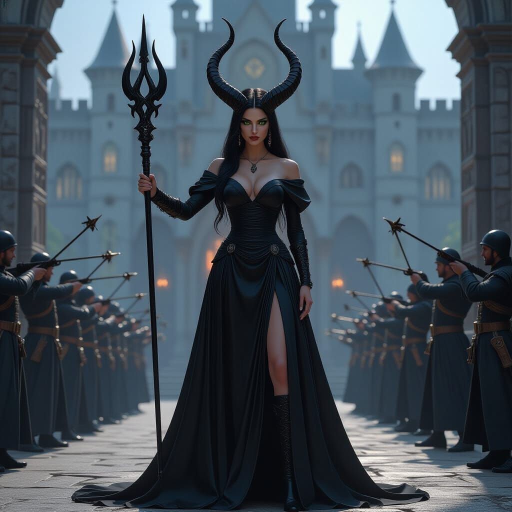 Horned Sorceress Confronts Castle Guards