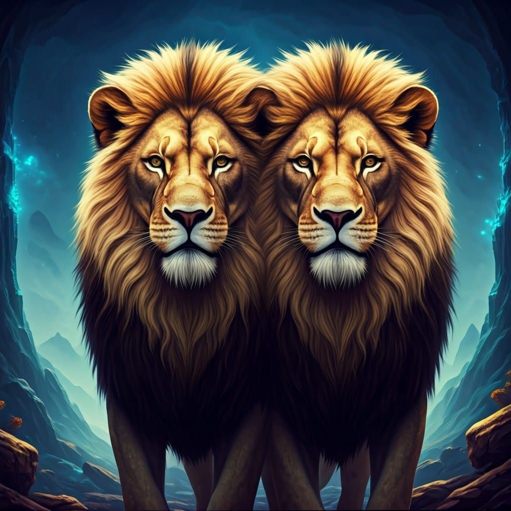 Twin Lions in Dreamlike Fantasy Landscape