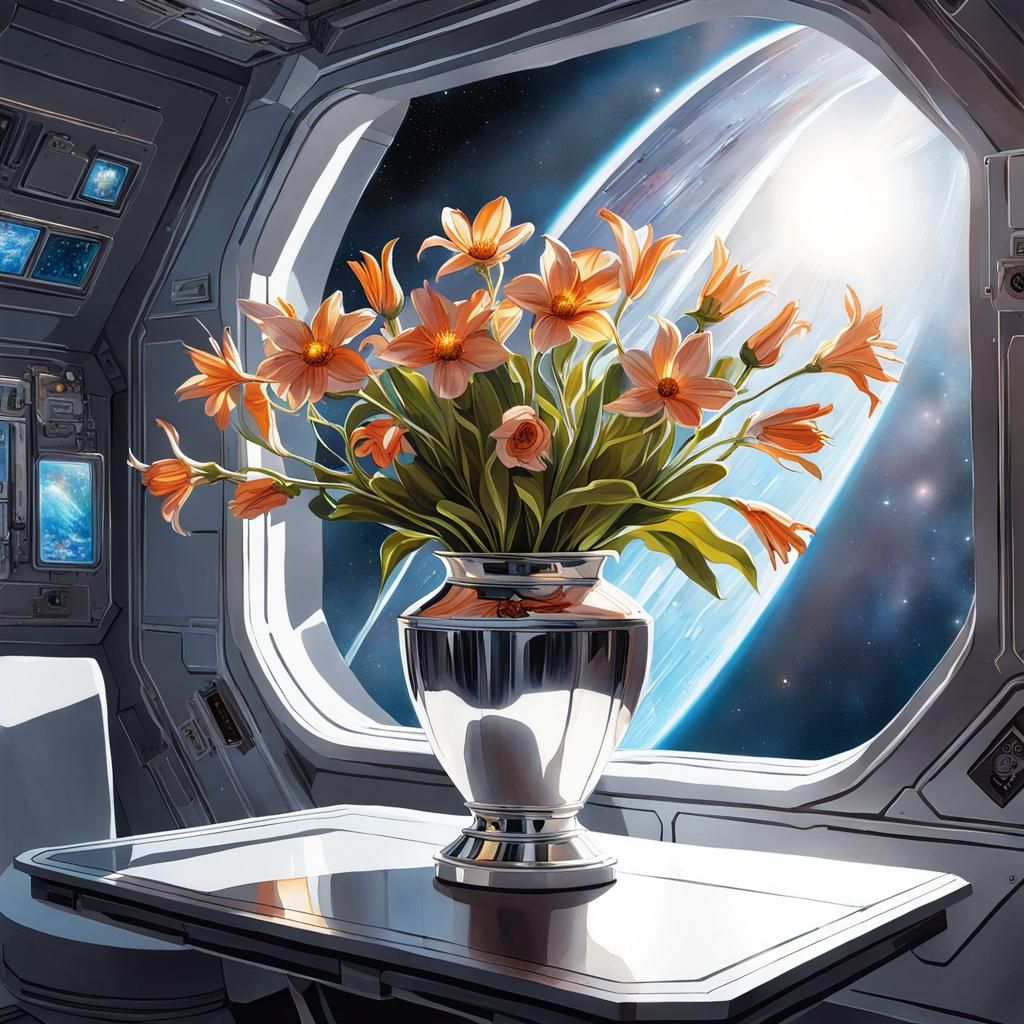 Cybernetic Flowers in Space Station, Digital Matte Painting
