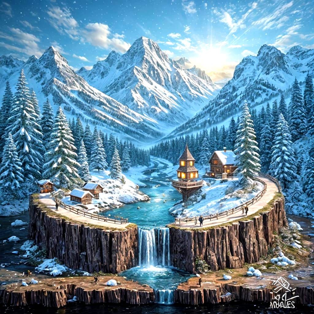 Miniature Frozen Winter Landscape on Tree Trunk