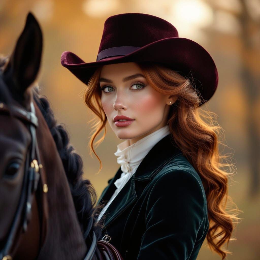 Ethereal Woman on Black Horse in Autumn Forest