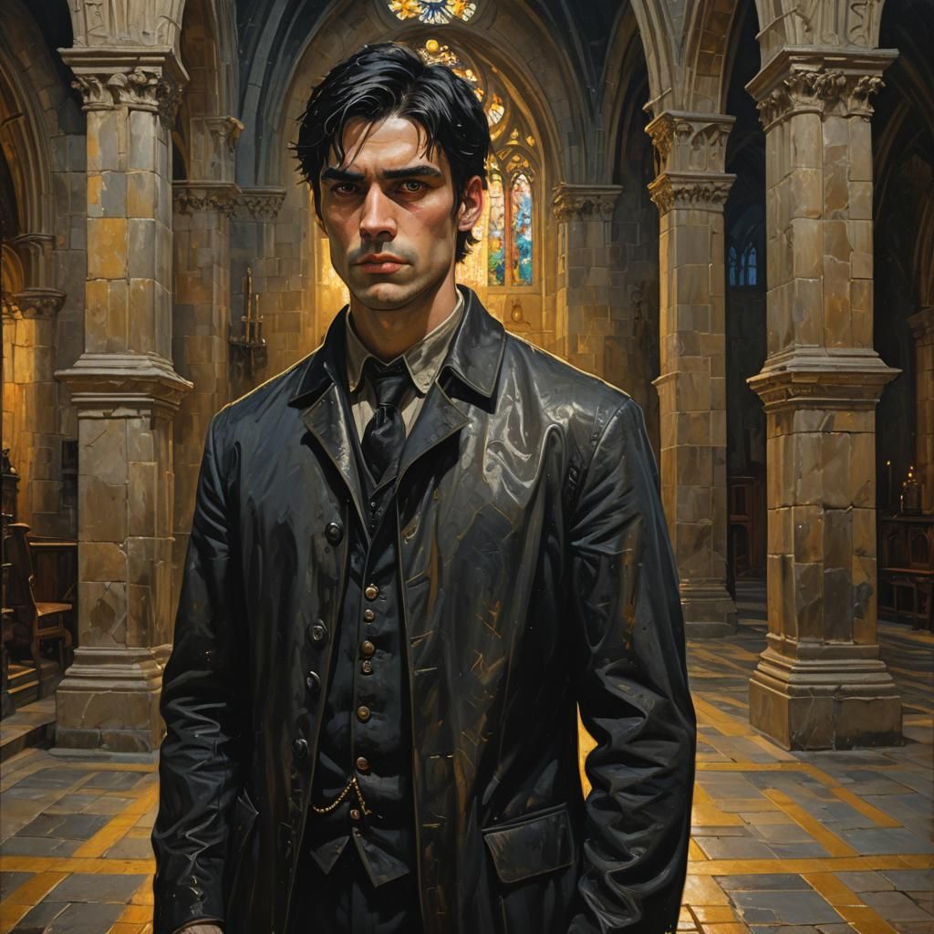 Gothic Vampire Portrait in Golden Light, an Oil Painting