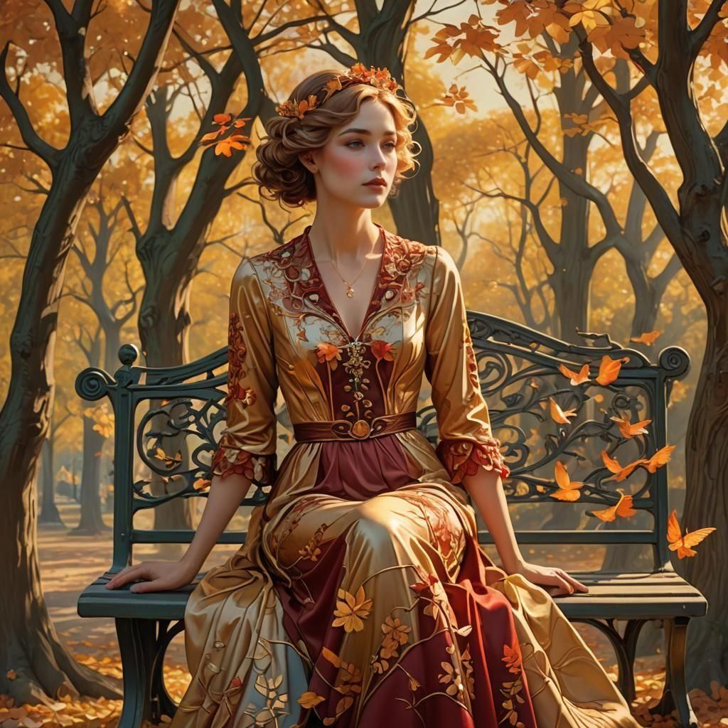 Art Nouveau Autumn Scene with Woman on Bench
