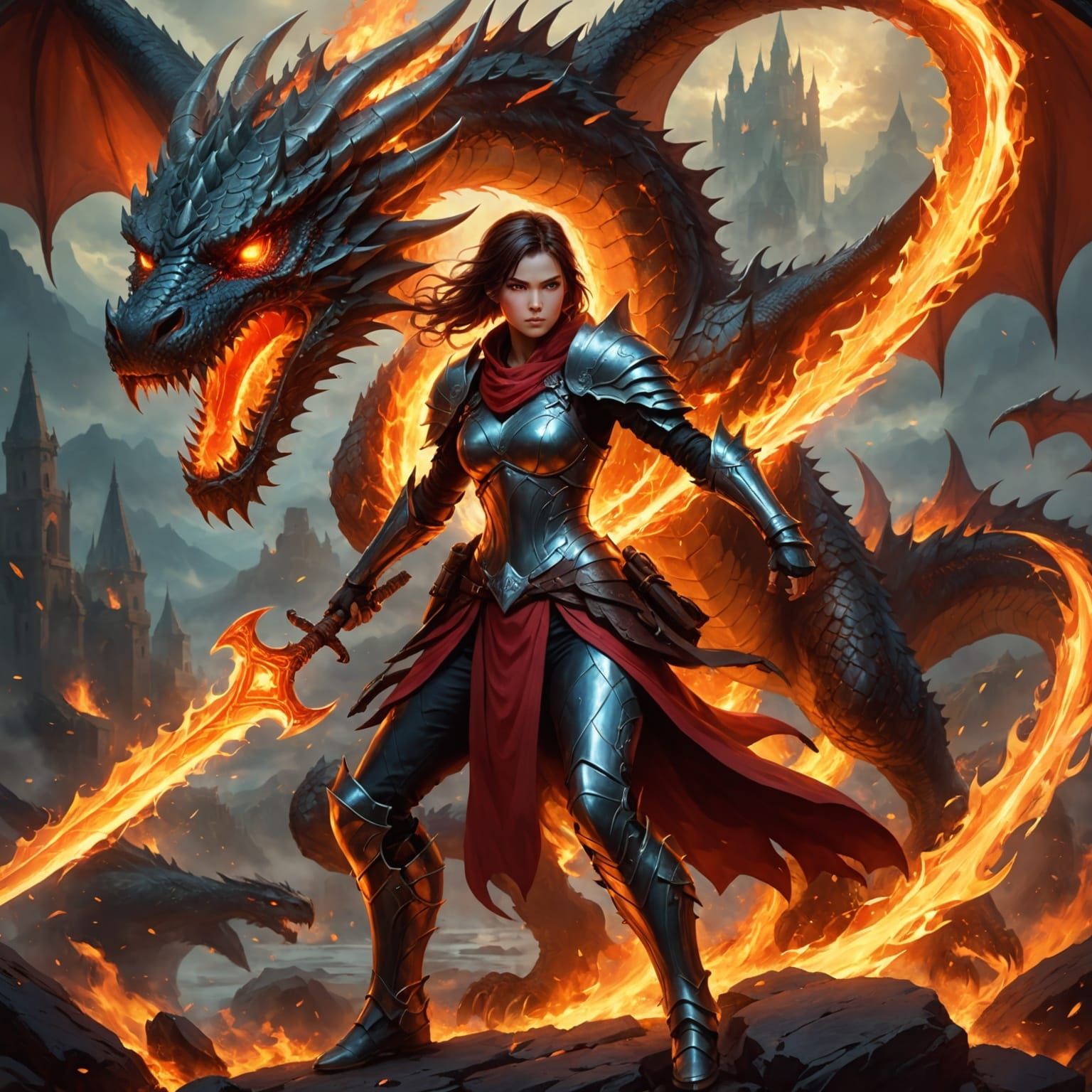 Epic Fantasy Heroine Battles Fiery Dragon in Intense Cyberpu...