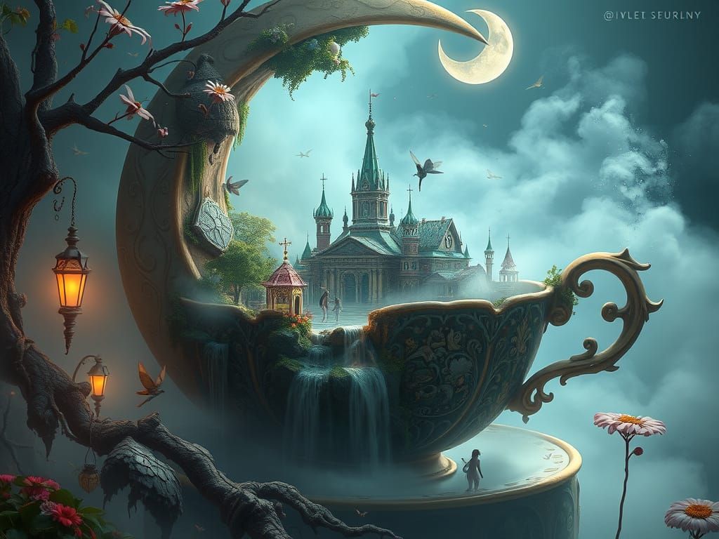 Misty Faerie Village Inside Moon Teacup