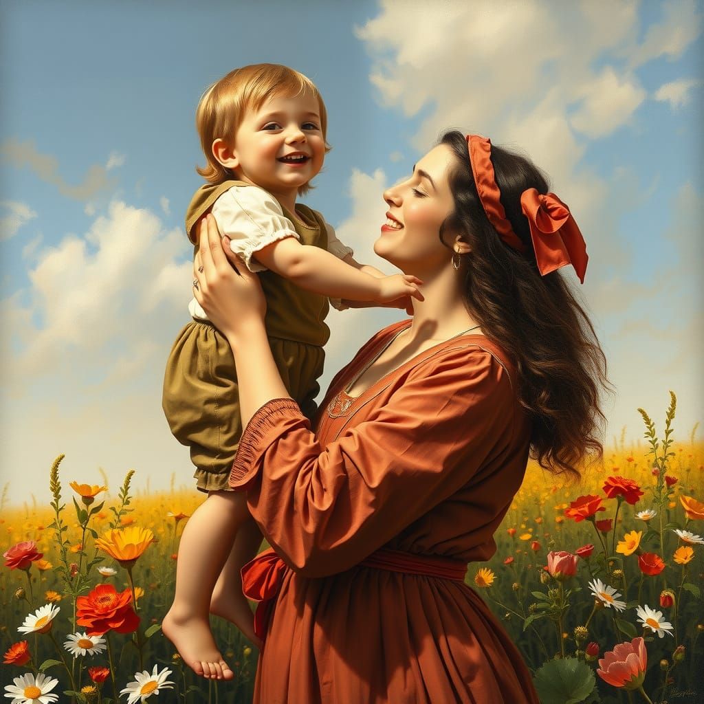 Mother and Son in a Vibrant Renaissance Landscape