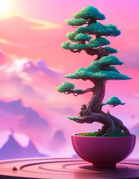 Pink Bonsai Treehouse in Teacup: 3D Digital Art